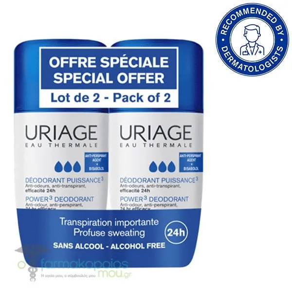 Uriage Promo Power 3 Deodorant Roll-On Αντιιδρωτικό Αποσμητικό, 2x50ml