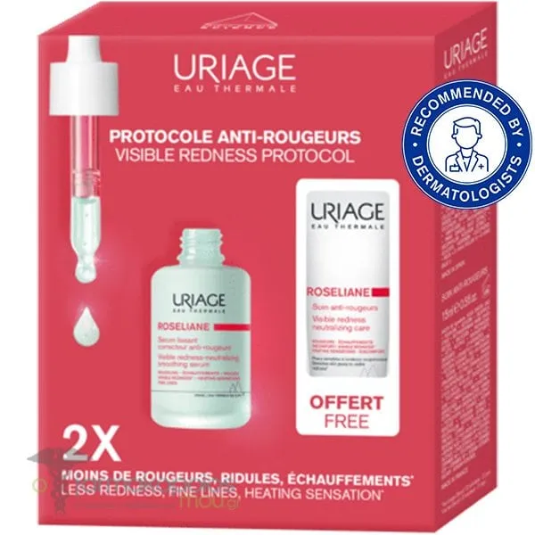 Uriage Roseliane Visible Redness Protocol Promo Pack με Neutralizing Smoothing Serum Ορός Προσώπου για την Ευαίσθητη Επιδερμίδα κατά της Ερυθρότητας, 30ml &amp; Neutralizing Care Ενυδατική Προστατευτική Κρέμα κατά της Ερυθρότητας, 15ml, 1σετ
