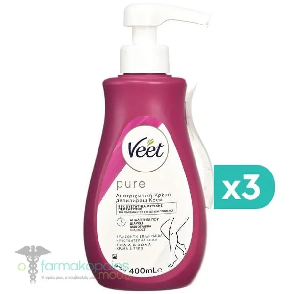 Veet Pure Αποτριχωτική Κρέμα για Ευαίσθητες Επιδερμίδες, 3x400ml
