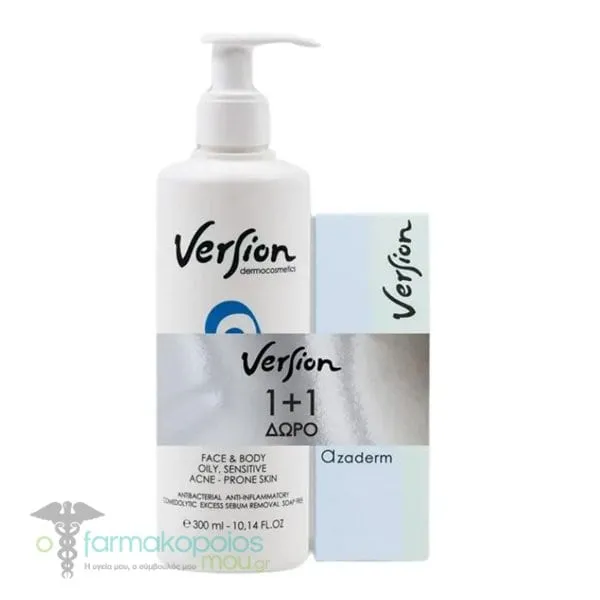 Version Azaderm Promo με Cleanser Gel for Face & Body, 300ml & Face Cream Against Acne, 30ml, 1set