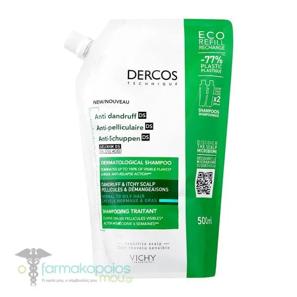 Vichy Dercos Anti Dandruff DS Dermatological Shampoo Normal to Oily Hair Eco Refill, 500ml