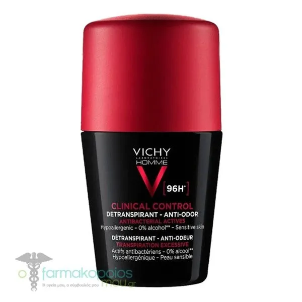 Vichy Homme Clinical Control 96h Detranspirant Anti-Odor Deodorant Roll-on for Sensitive Skin, 50ml