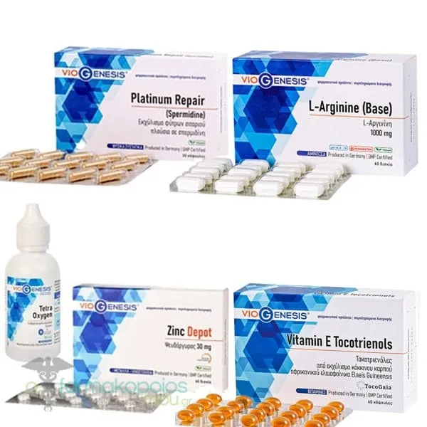 Viogenesis Platinum Repair Spermidine, 30caps, L-Arginine [BASE] 1000mg, 60tabs, TetraOxygen, 60ml, Vitamin E Tocotrienols, 60softgels & Zinc Citrate Depot 30mg, 60tabs, 1set