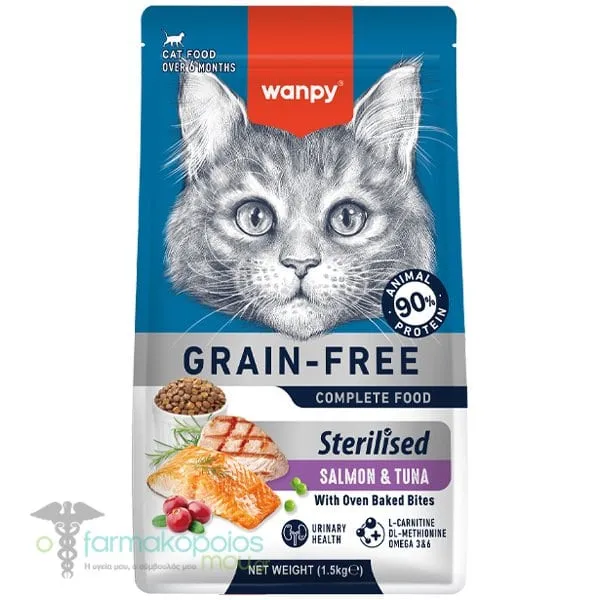 Wanpy Grain Free Complete Ξηρά Τροφή για Στειρωμένες Γάτες με Τόνο &amp; Σολομό 6m+, 1.5kg