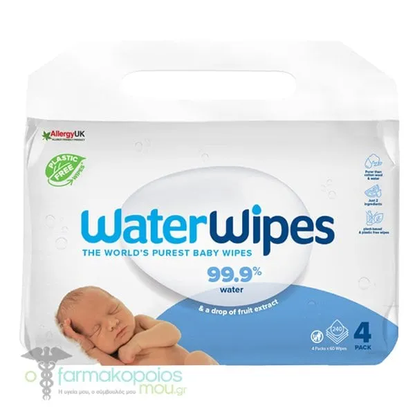 WaterWipes 100% Plastic-free Baby Wipes 99.9% Water, 4x60pcs