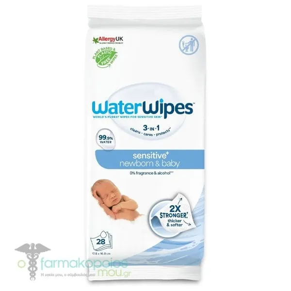 WaterWipes Sensitive+ 100% Plastic-free Άοσμα Μωρομάντηλα με 99,9% Νερό, 28τεμ