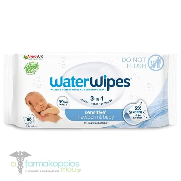 WaterWipes Sensitive+ 100% Plastic-free Άοσμα Μωρομάντηλα με 99,9% Νερό, 60τεμ