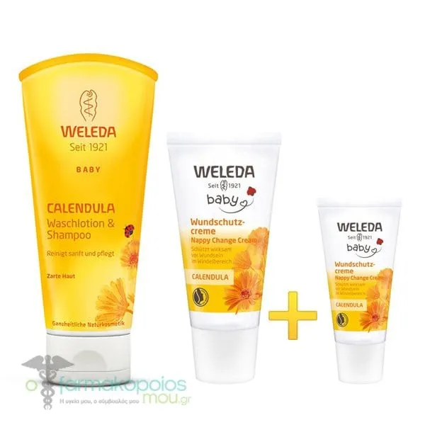Weleda Calendula Promo Pack with Shampoo & Body Wash, 200ml, Nappy Change Cream, 75ml & Free Nappy Change Cream Travel Size, 30ml, 1set