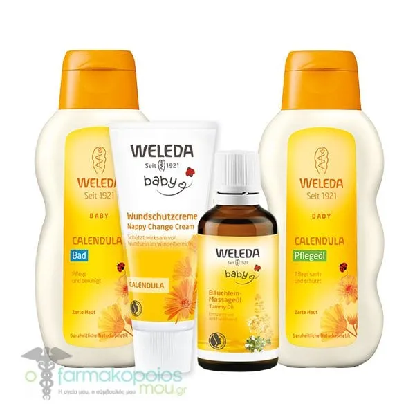 Weleda Relaxed Baby Pack with Calendula Bath, 200ml, Calendula Oil, 200ml, Nappy Change Cream, 75ml & Almond Massage Oil, 50ml, 1set