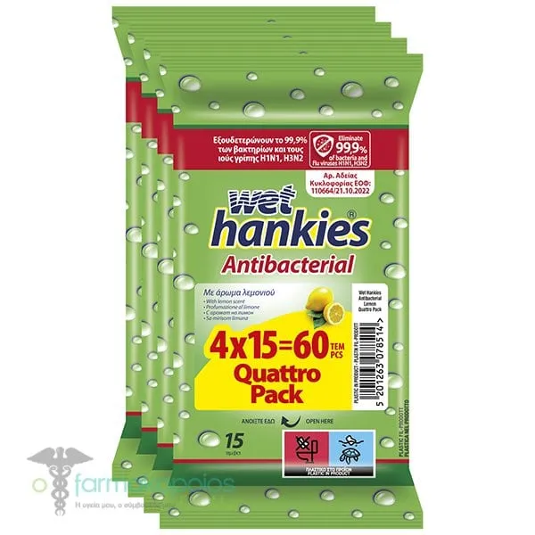 Wet Hankies Clean & Protect Antibacterial Hand Wipes Lemon, (4x15pcs) 60pcs