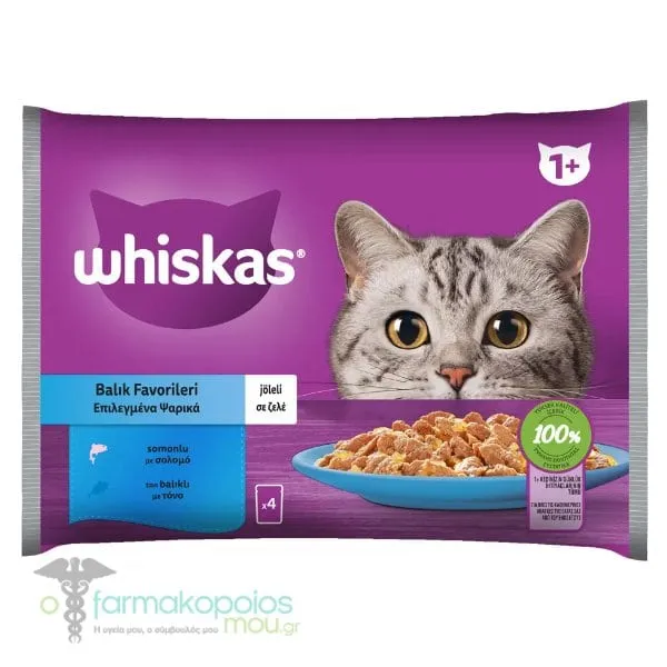 Whiskas Pouch Adult Complete Wet Cat Food with Selected Fish in Jelly (Salmon & Tuna), 4x85gr