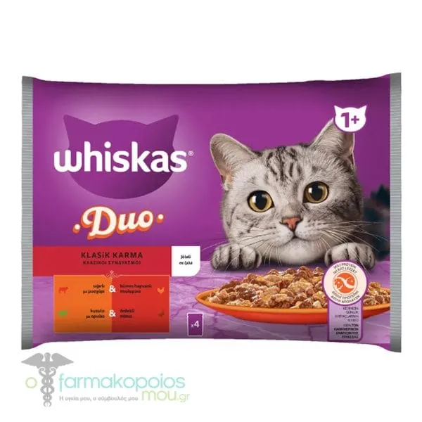 Whiskas Duo Adult Complete Wet Cat Food Classic Combinations in Jelly Pouch (Beef & Poultry / Lamb & Duck), 4x85gr