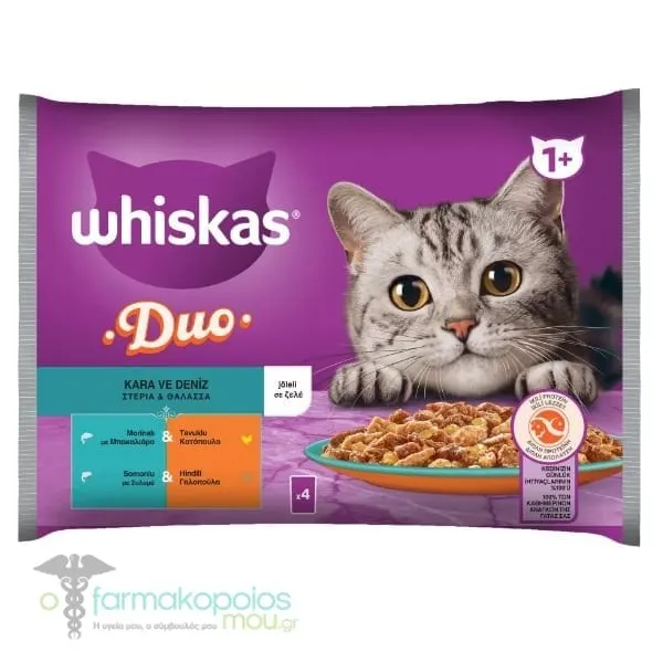 Whiskas Duo Adult Complete Wet Cat Food Land & Sea in Jelly Pouch (Cod & Chicken / Salmon & Turkey), 4x85gr