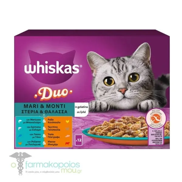 Whiskas Duo Adult Complete Wet Cat Food Land & Sea in Jelly Pouch (Cod & Chicken / Salmon & Turkey / Tuna & Trout / Poultry & Beef), 12x85gr