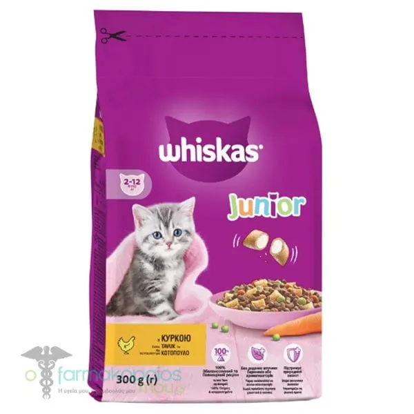Whiskas Junior Complete Dry Cat Food 2-12m with Stuffed Chicken Croquettes & Milk, 300gr