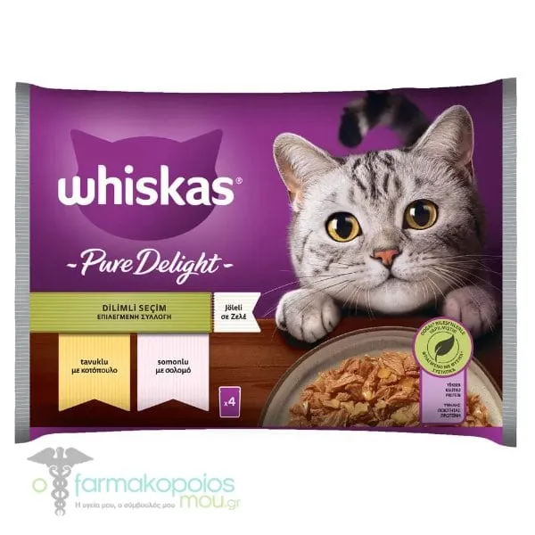 Whiskas Pure Delight Adult Complete Wet Cat Food with Selected Varieties in Jelly (Chicken & Salmon) Pouch, 4x85gr