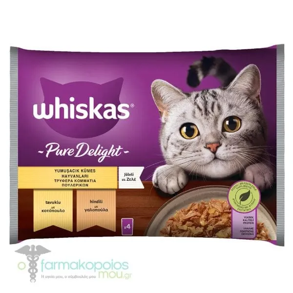 Whiskas Pure Delight Adult Complete Wet Cat Food with Tender Poultry Pieces in Jelly (Turkey & Chicken) Sachet, 4x85gr