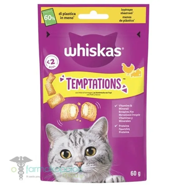 Whiskas Temptations Υγιεινές Λιχουδιές με Κοτόπουλο & Τυρί για Ενήλικες Γάτες, 60g