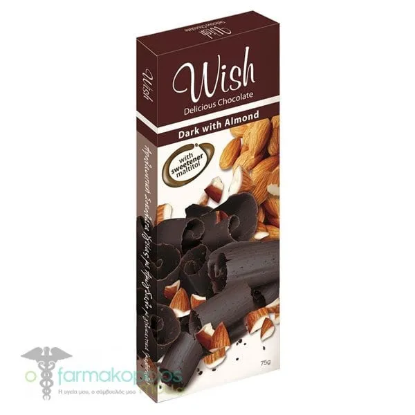 Wish Delicious Chocolate Dark With Almond Dark chocolate with almond without added sugar, 75g