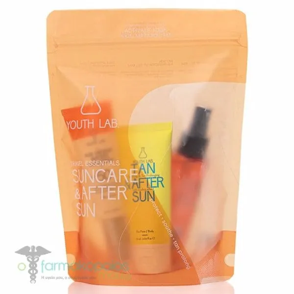 Youth Lab. Sun & After Sun Travel Set with Age-Defense Watery Sunscreen SPF50, 40ml, Wet Skin Sunscreen Dry Oil SPF50, 100ml & Tan & After Sun, 75ml, 1set