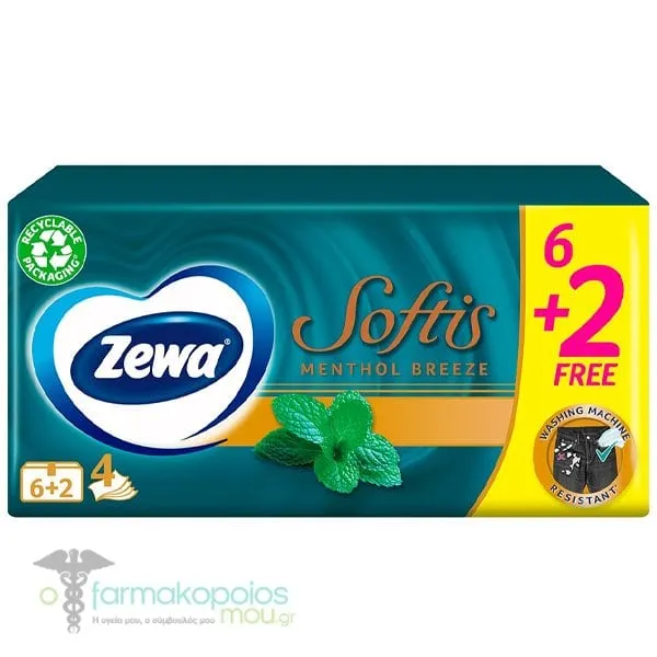 Zewa Softis Menthol Breeze Χαρτομάντηλα Τσέπης 6+2Δώρο, 8τεμ