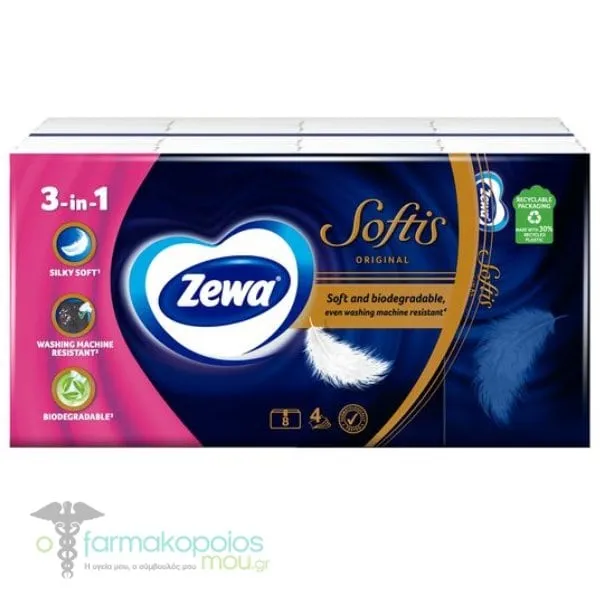 Zewa Softis Original Χαρτομάντηλα 4 Φύλλων, 8τεμ