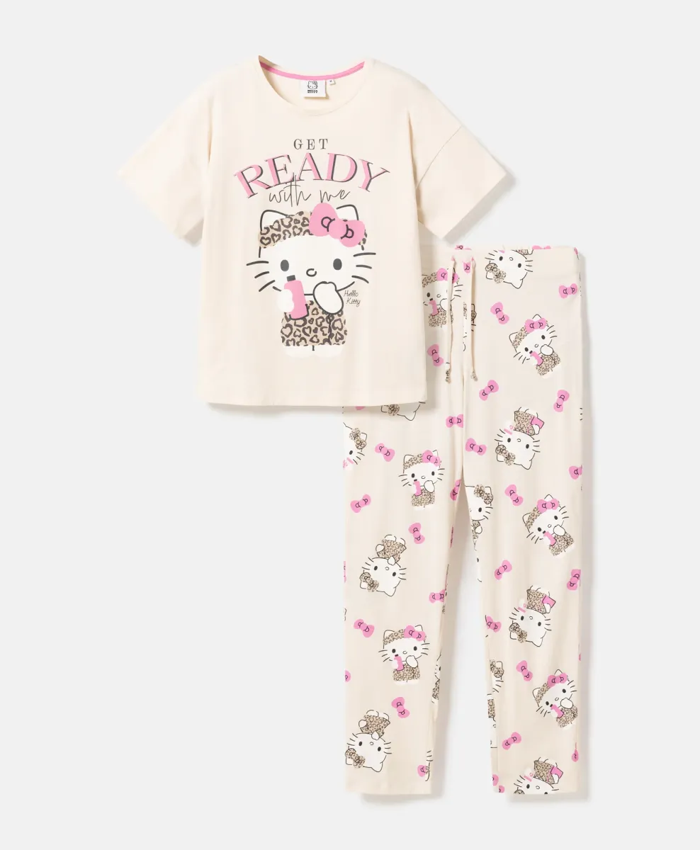 Γυναικεία πιτζάμα Hello Kitty με κοντά μανίκια και μακρύ παντελόνι από 100% βαμβάκι