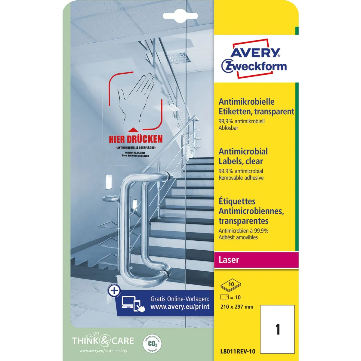 Avery Zweckform Αντικροβιακές Ετικέτες Διάφανες Α4 (210x297mm) L8001REV-10