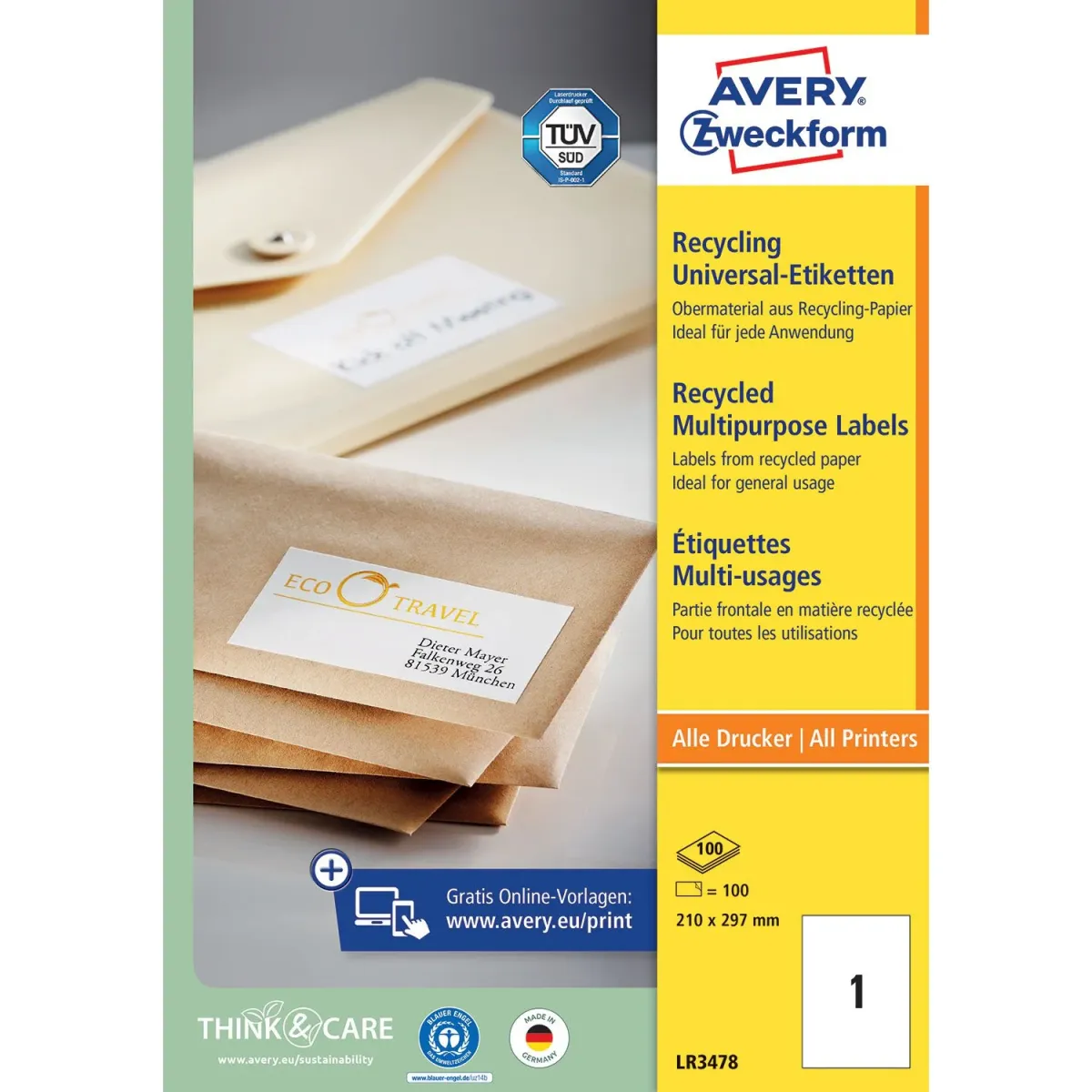 Avery Zweckform Αυτ.Ετικέτες Ανακυκλωμένες A4 (210x297mm) LR3478