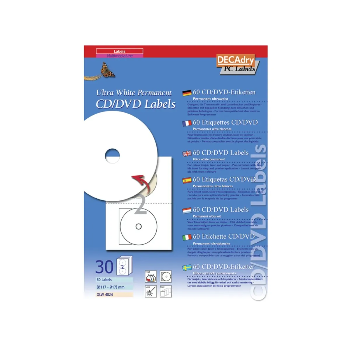 Decadry Ετικέτες CD/DVD Ultra White Full Face 60 τμχ