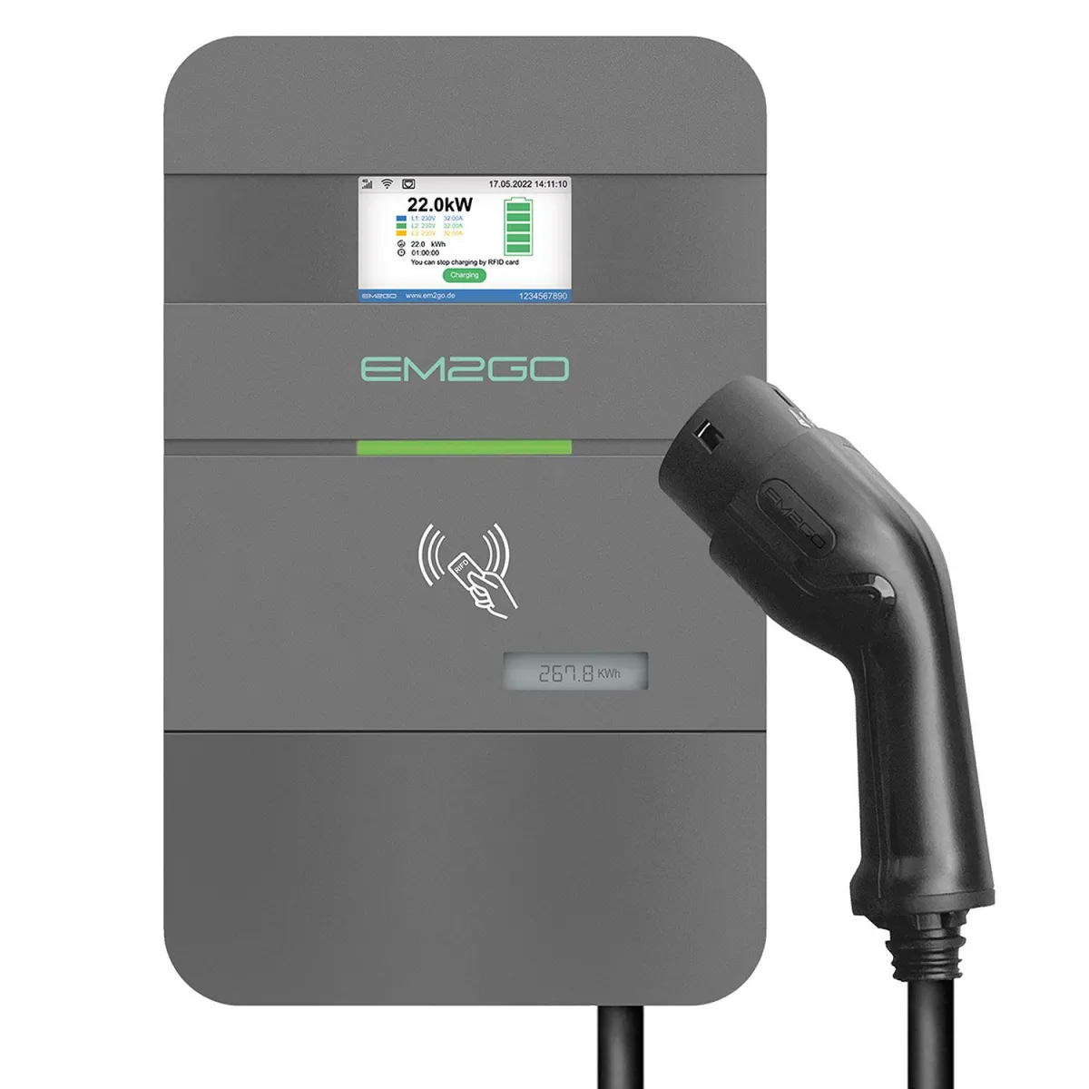 EM2GO Wallbox PRO Power 22KW 7.5M Type 2 Cable + LAN/WLAN/RS485 + OCPP backend +RFID, MID plus power meter + 4G