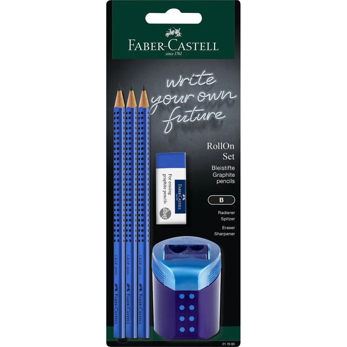 Faber Castell Μολύβια Grip 2001 Β 3τεμ. & Γόμα Dust Free & Ξύστρα Roll-on Μπλε