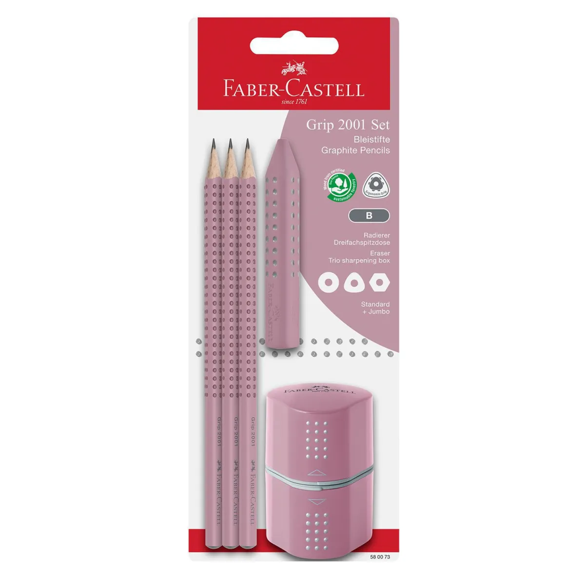 Faber Castell Μολύβια Grip 2001 B 3τεμ. & Γόμα & Ξύστρα Pink Shadow