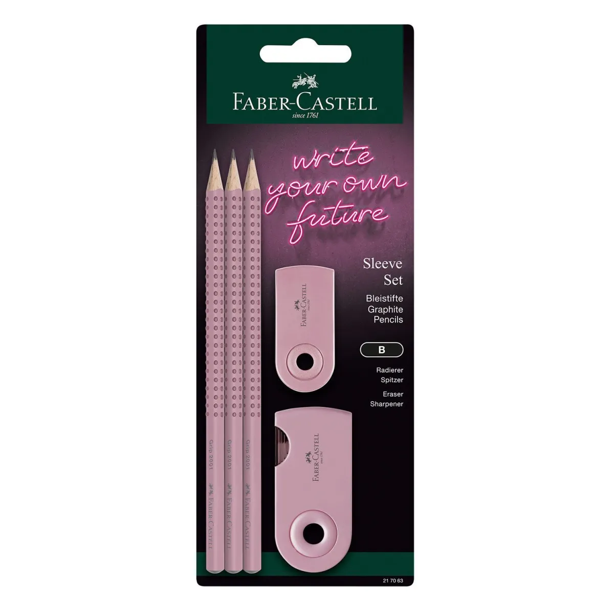 Faber Castell Μολύβια Grip 2001 B 3τεμ.  & Γόμα & Ξύστρα Sleeve Ροζέ Shadow