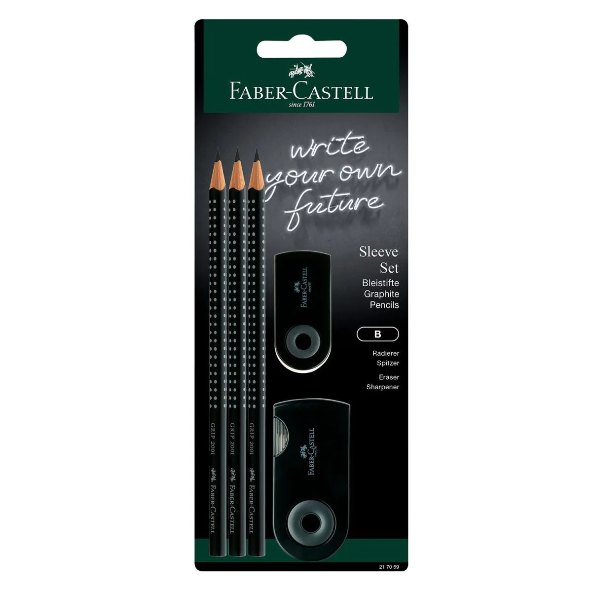 Faber Castell Μολύβια Grip B 3τεμ. & Γόμα & Ξύστρα Sleeve Μαύρο