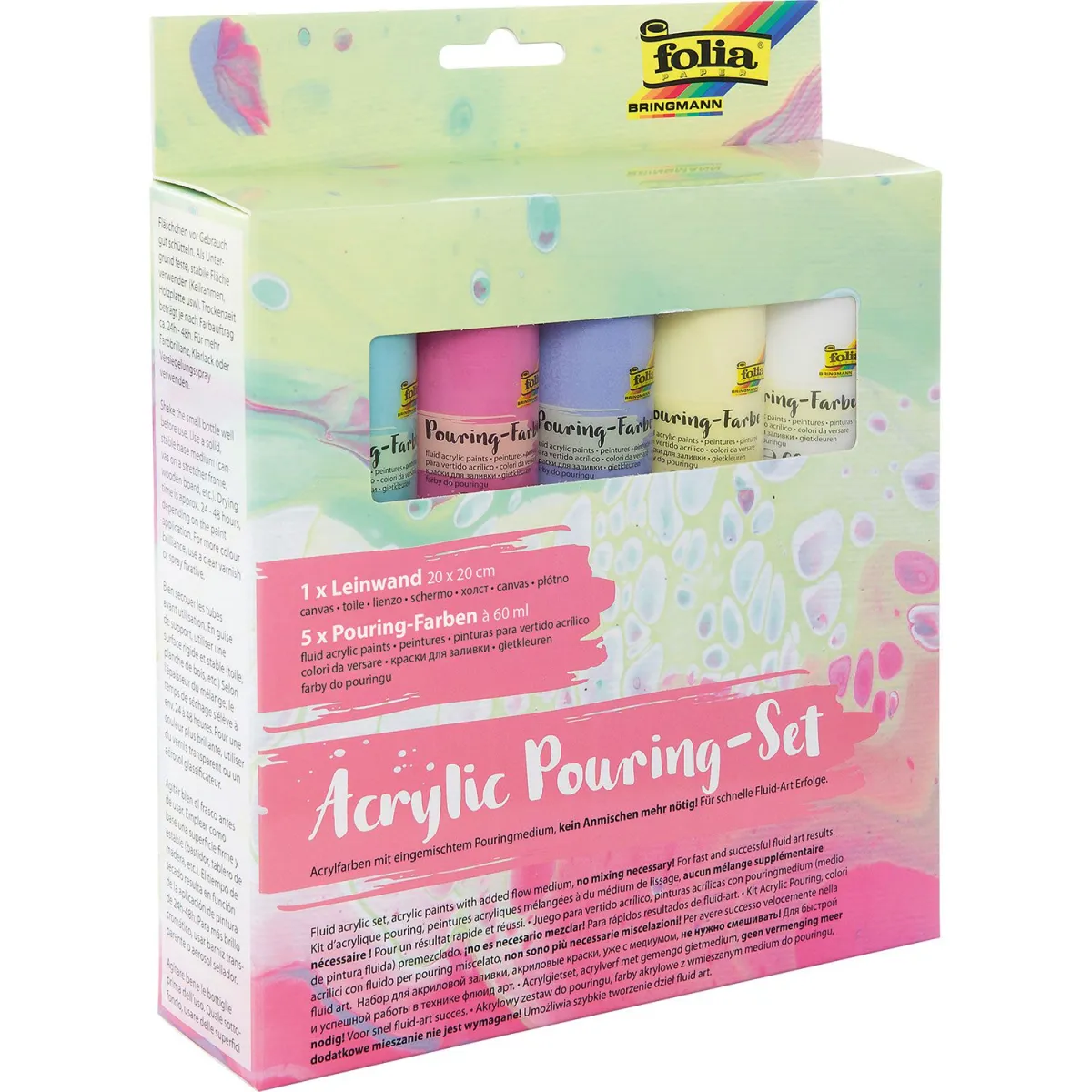 Folia Ακρυλικά Χρώματα Pouring Pastel 5x60ml & Καμβάς 20x20cm