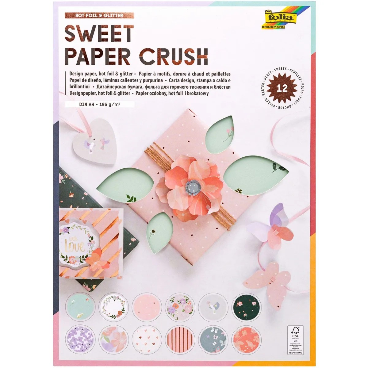 Folia Χαρτόνια με σχέδια Sweet Paper Crush Μεταλλιζέ & Glitter, 12Φύλλα