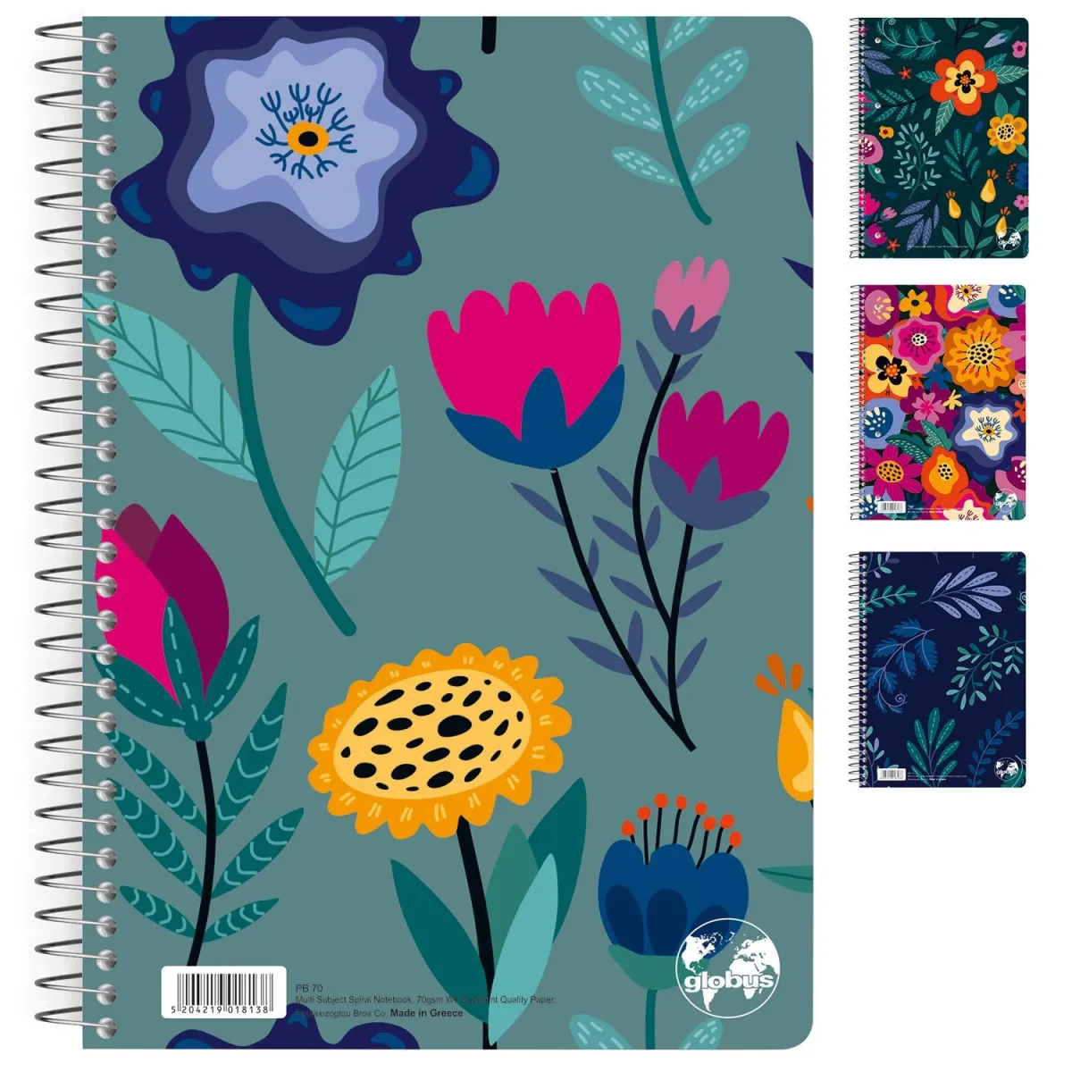 Globus Τετράδιο Σπιράλ Ριγέ 17x25cm 3 Θεμάτων Floral 90 Φύλλα