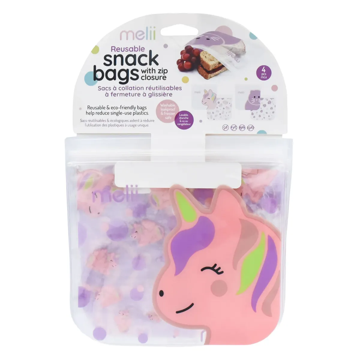 Melii Snack Bags Επαναχρησιμοποιούμενα Cat-Unicorn 4τεμ.