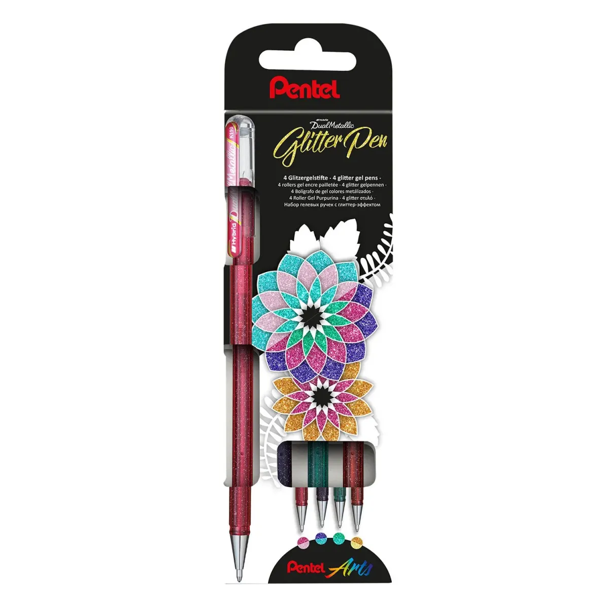Pentel Στυλό Gel Dual Metallic Glitter Color με Κλιπ & Πάχος Μύτης 1.0mm 4τεμ.