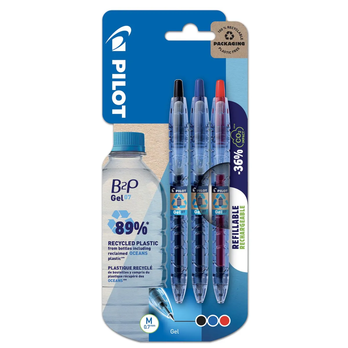 Pilot Σετ Στυλό Gel Fine Ανακυκλωμένο B2P Με Κλιπ & Πάχος Μύτης 0.7mm 3τεμ.