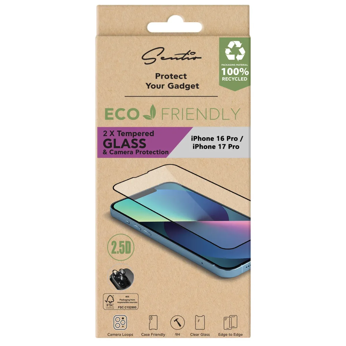 Sentio Γυαλί 2τμχ Tempered 2.5D για iPhone 16 Pro / 17 Pro & Loop Γυαλί Προστασίας Καμερών