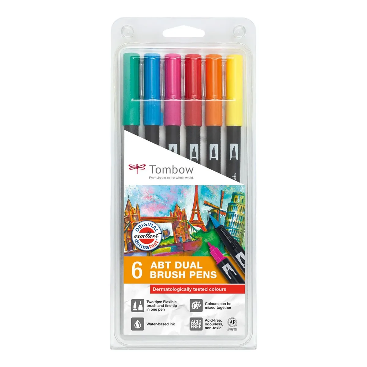 Tombow Μαρκαδόροι Ζωγραφικής με διπλή μύτη Brush & Fine 6τεμ.