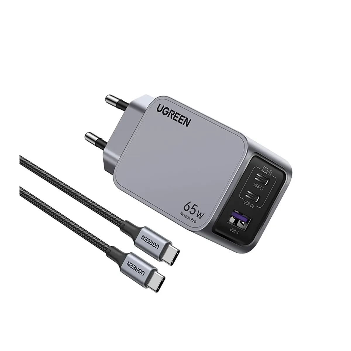 Ugreen Φορτιστής GaN 3 Θέσεων 65W Γκρι Με Καλώδιο