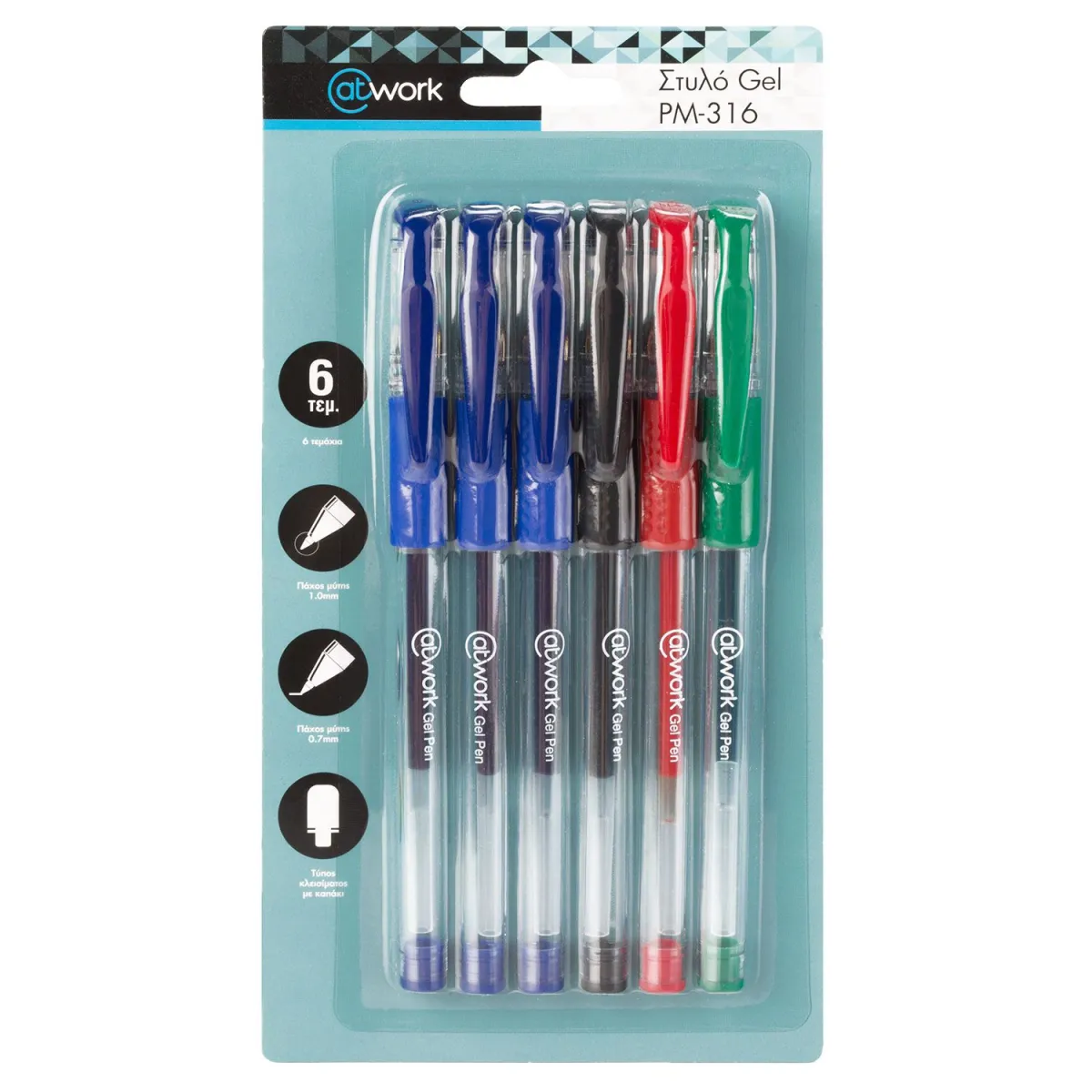 @Work Στυλό Gel Με  Λάστιχο & Πάχος Μύτης 1.0mm 4 Χρώματα 6τεμ.