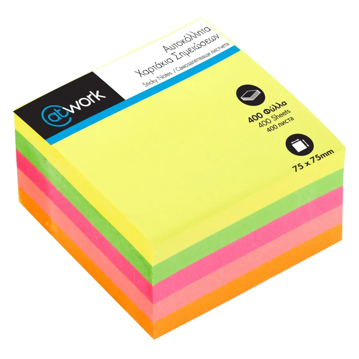 @Work Αυτοκόλλητα Χαρτάκια Neon 75x75mm 400φύλλα