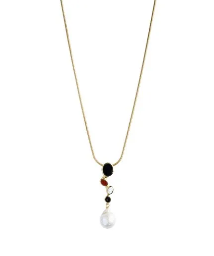 Chain-necklace with circular semi-precious stones and a baroque pearl