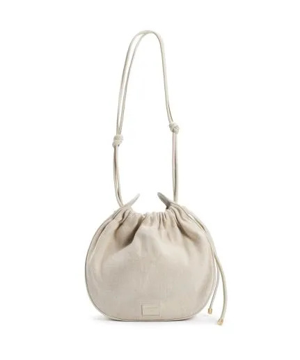 Circular canvas shoulder bag with leather trimmings