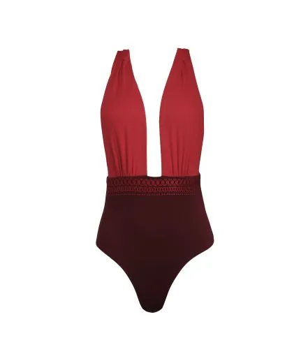 Deep V-neck swimsuit with embroidered details