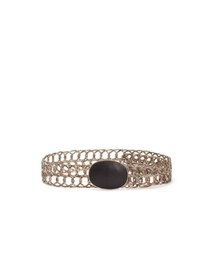 Double-braided copper chain belt with leather details on buckle
